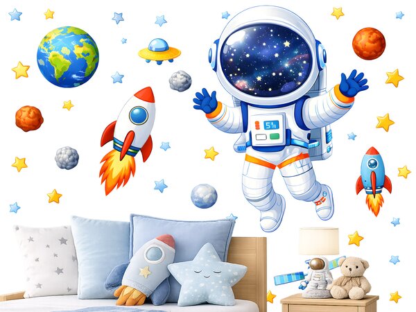 Malý kosmonaut textilní přelepitelné samolepky na zeď arch 46 x 45 cm