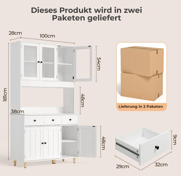 Kuchyňská skříň BEALIFE, rozměry 100x38x180 cm, se skleněnými dvířky a pracovní deskou | Obsahuje zásuvku a LED osvětlení | Vhodná do kuchyně i jídelny | Bílá, model AP05