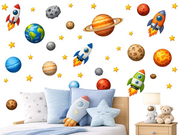 Rakety a planetky textilní přelepitelné samolepky na zeď arch 46 x 33 cm