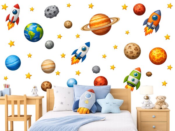 Rakety a planetky textilní přelepitelné samolepky na zeď arch 46 x 33 cm