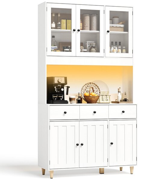 Kuchyňská skříň BEALIFE, rozměry 100x38x180 cm, se skleněnými dvířky a pracovní deskou | Obsahuje zásuvku a LED osvětlení | Vhodná do kuchyně i jídelny | Bílá, model AP05