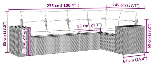 5dílná zahradní sedací souprava a podušky světle šedá polyratan 3222531