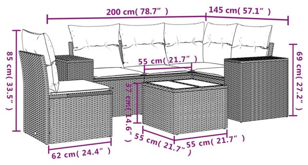 6dílná zahradní sedací souprava s poduškami černá polyratan 3254913