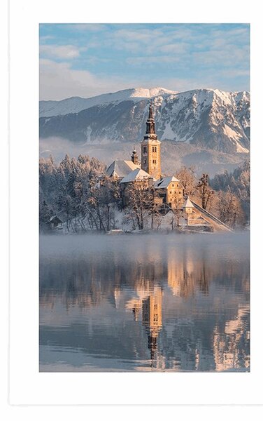 Plakát s paspartou kostel u jezera Bled ve Slovinsku