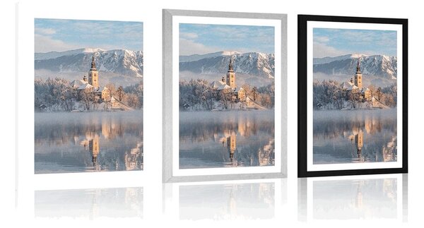 Plakát s paspartou kostel u jezera Bled ve Slovinsku