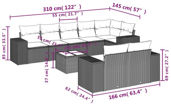 9dílná zahradní sedací souprava s poduškami hnědá polyratan 3222832