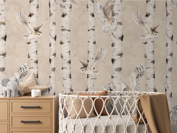 Tapeta břízy - Birch and Owls Beige Materiál: Digitální eko vlies - klasická tapeta nesamolepicí