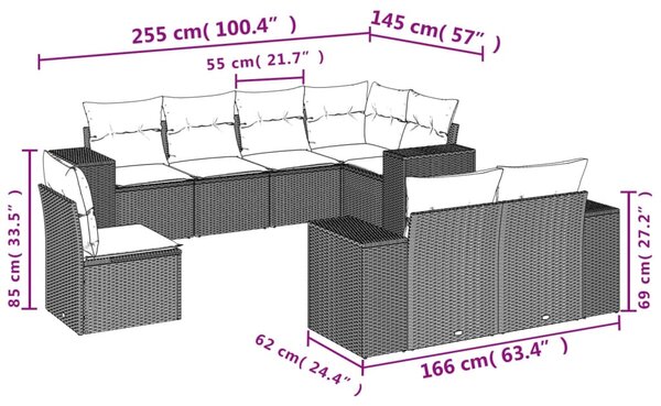 8dílná zahradní sedací souprava s poduškami hnědá polyratan 3222842