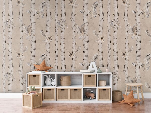 Tapeta břízy - Birch and Owls Beige Materiál: Digitální eko vlies - klasická tapeta nesamolepicí