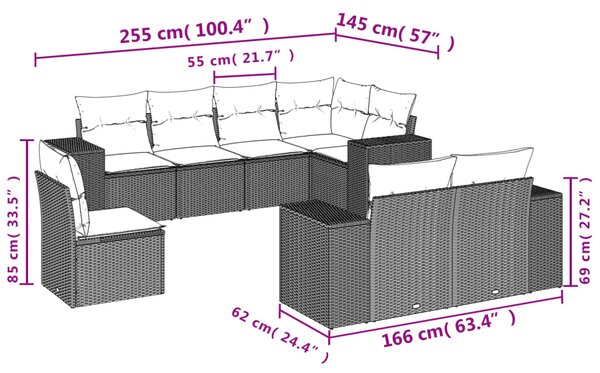 8dílná zahradní sedací souprava s poduškami šedá polyratan 3255177