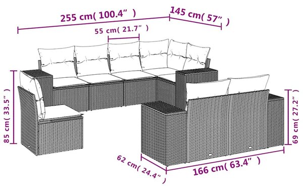 8dílná zahradní sedací souprava s polštáři hnědá polyratan 3222843