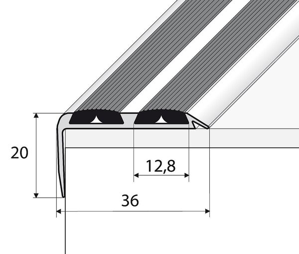 Schodový profil 36 x 20 mm s protiskluzovými gumami (šroubovací) Stříbro E01