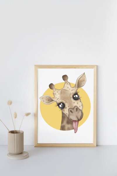 Plakát Žirafa (21x30cm) A4, Plakát do dětského pokoje, Plakát se zvířátkem, Ručně kreslený obrázek, Plakát na zeď pokojíčku Barva: Žlutá