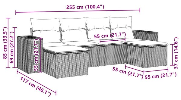 6dílná zahradní sedací souprava a podušky světle šedá polyratan 3222921