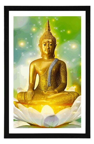 Plakát s paspartou zlatý Buddha na lotosovém květu