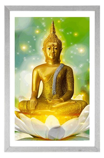 Plakát s paspartou zlatý Buddha na lotosovém květu