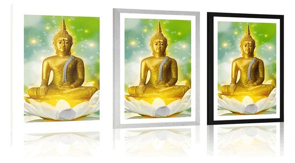 Plakát s paspartou zlatý Buddha na lotosovém květu