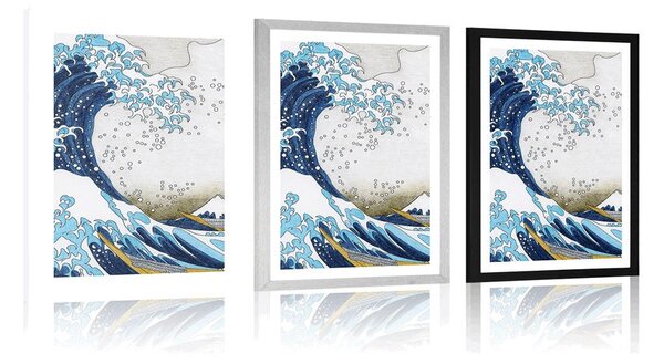 Plakát s paspartou reprodukce Velká vlna z Kanagawa - Kacušika Hokusai