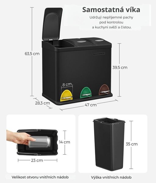 Koš na třídění odpadu SORT 24l (3x8l), černá SongmicsHome