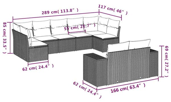 9dílná zahradní sedací souprava s poduškami černá polyratan 3223014