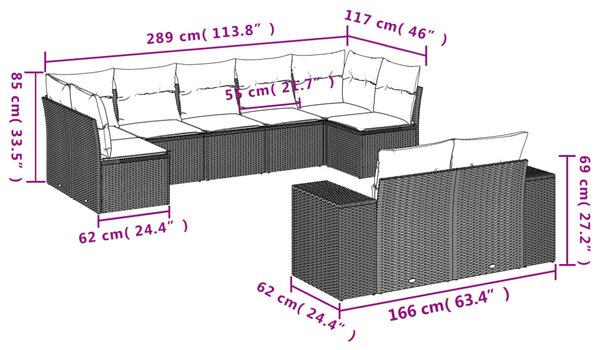 9dílná zahradní sedací souprava s poduškami šedá polyratan 3223019