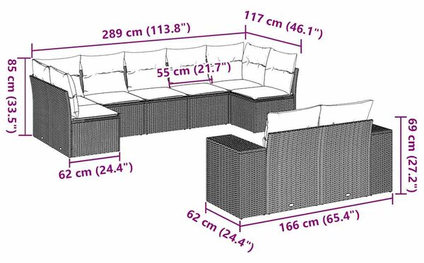9dílná zahradní sedací souprava a podušky světle šedá polyratan 3223021