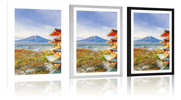 Plakát s paspartou výhled na Chureito Pagoda a horu Fuji