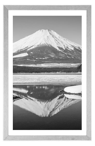 Plakát s paspartou japonská hora Fuji v černobílém provedení