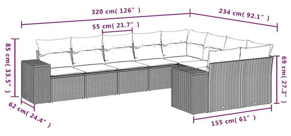 9dílná zahradní sedací souprava s poduškami černá polyratan 3223034