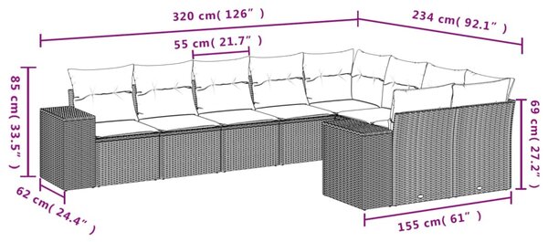 9dílná zahradní sedací souprava s poduškami šedá polyratan 3223039