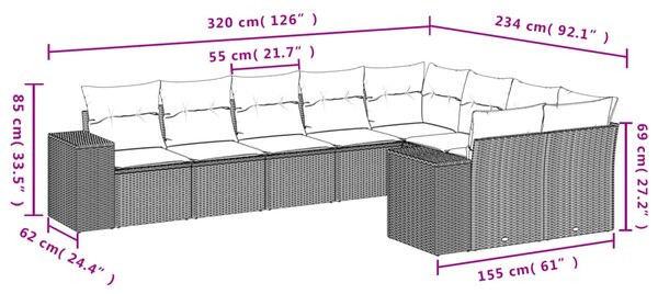 9dílná zahradní sedací souprava s poduškami béžová polyratan 3223038