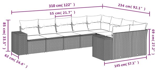 9dílná zahradní sedací souprava s polštáři šedá polyratan 3223040