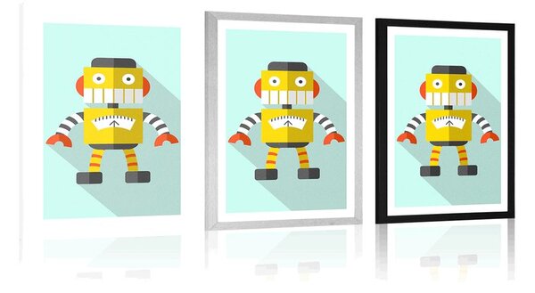 Plakát s paspartou žlutý robot na modrém pozadí