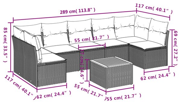 8dílná zahradní sedací souprava s poduškami šedá polyratan 3223575
