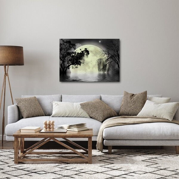 Obraz - Úplněk nad hladinou, černobílá varianta (70x50 cm)