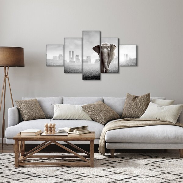 Obraz - Slůně ve velkoměstě, černobílá varianta (125x70 cm)