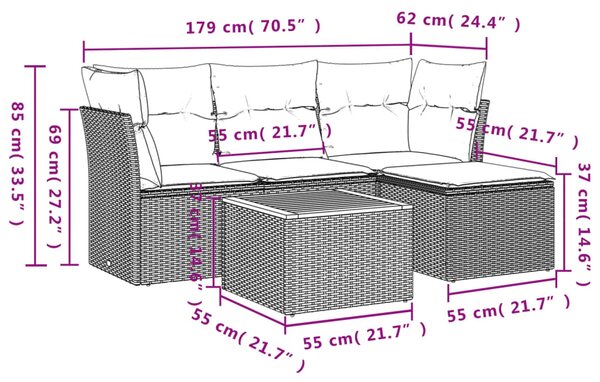 5dílná zahradní sedací souprava s poduškami černá polyratan 3223605