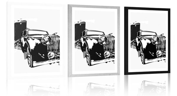 Plakát s paspartou černobílé retro auto s abstrakcí