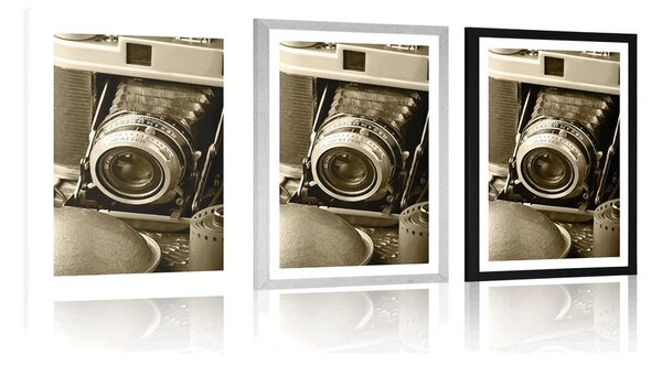 Plakát s paspartou starý fotoaparát v sépiovém provedení