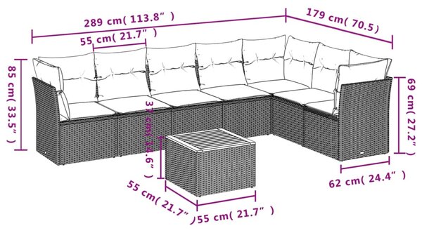 8dílná zahradní sedací souprava s poduškami černá polyratan 3223676