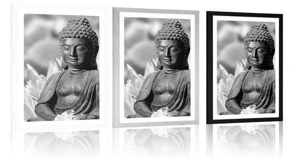 Plakát s paspartou klidný Buddha v černobílém provedení