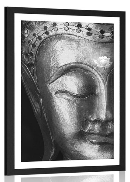 Plakát s paspartou božský Buddha v černobílém provedení