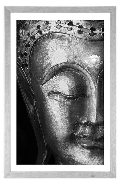Plakát s paspartou božský Buddha v černobílém provedení
