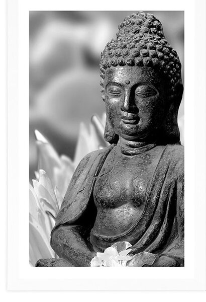 Plakát s paspartou klidný Buddha v černobílém provedení