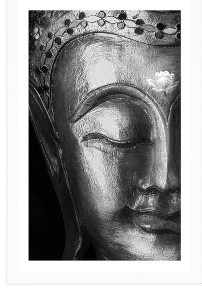 Plakát s paspartou božský Buddha v černobílém provedení
