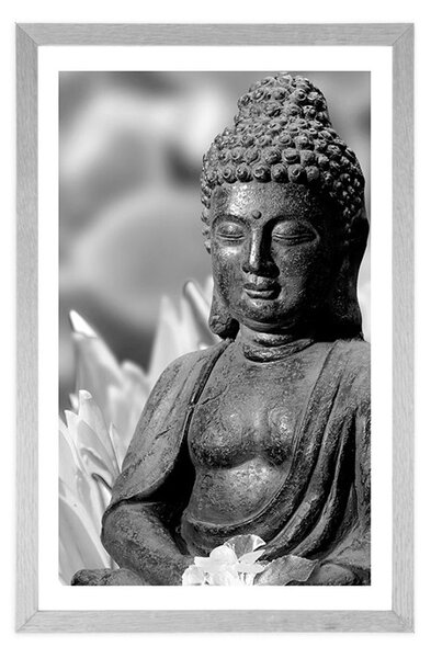 Plakát s paspartou klidný Buddha v černobílém provedení