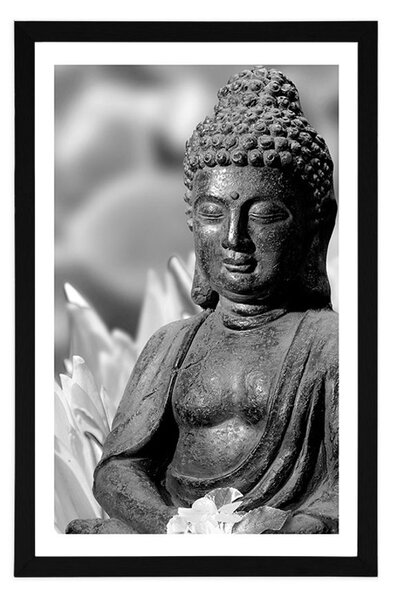 Plakát s paspartou klidný Buddha v černobílém provedení