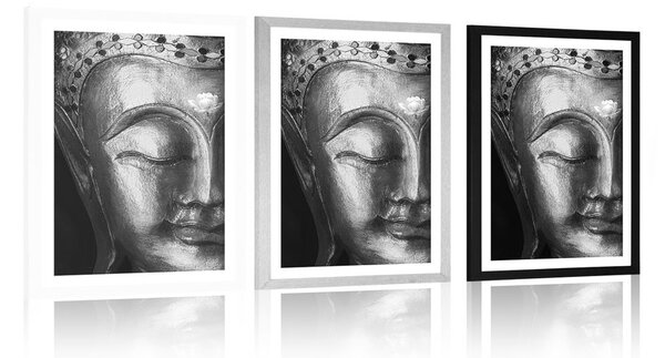 Plakát s paspartou božský Buddha v černobílém provedení