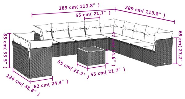 12dílná zahradní sedací souprava s poduškami černá polyratan 3223724