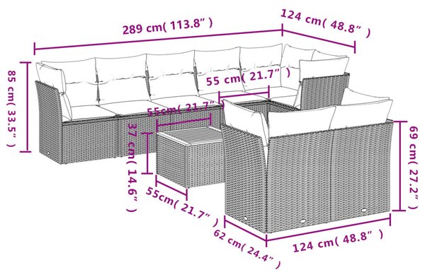 9dílná zahradní sedací souprava s poduškami šedá polyratan 3223736